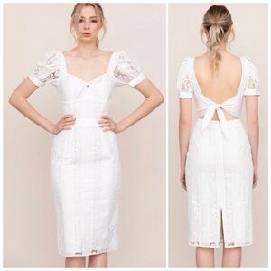 Yumi Kim Mine Forever Dress White Midi Pencil Puff Sleeve Lace Size XS